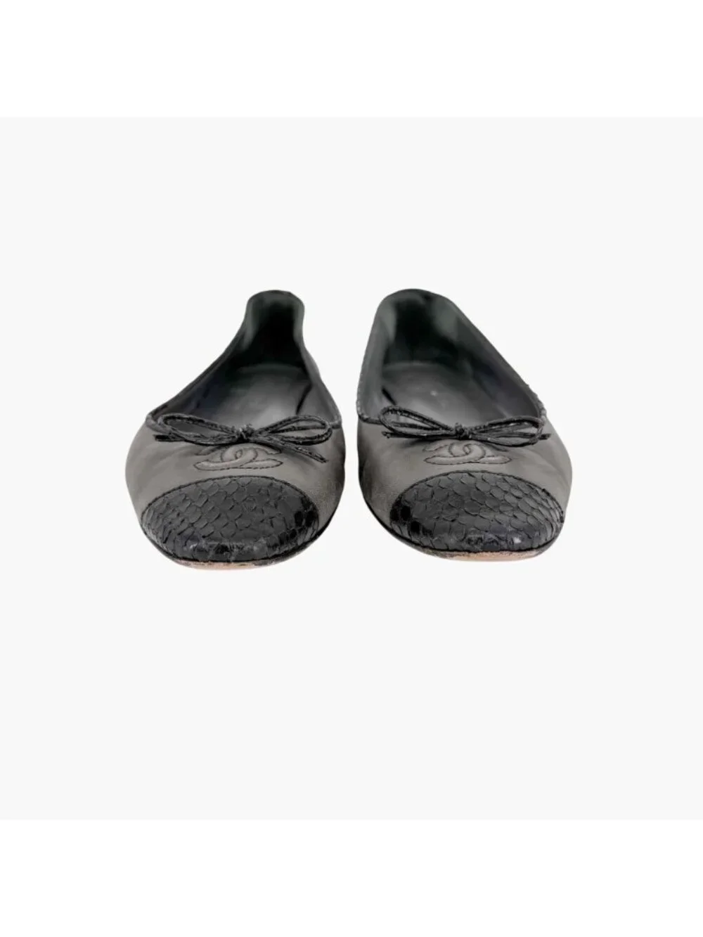 Chanel CC Cap Toe Ballet Flats Bow Gray Leather Black Snake Size 37 US 6-6.5